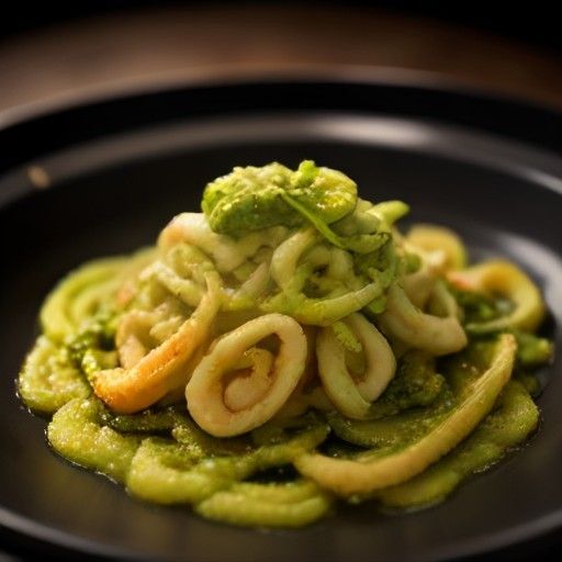Tagliolini con calamari, gamberetti e pesto